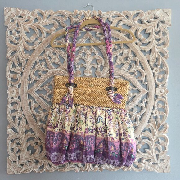 Cappelli Straworld Handbags - Cappella Straworld Boho Woven/Fabric Tote Bag Purse Purple Floral